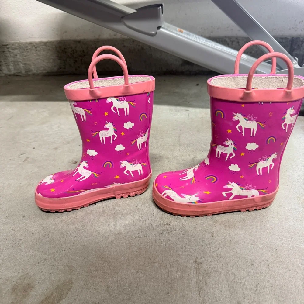 Rain Boots Pink Unicorn Rainbow Pull On Toddler Kids Size 8